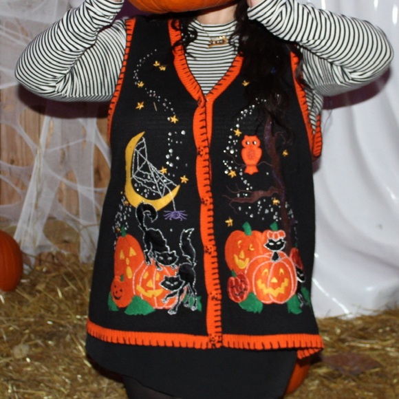 Basic Editions Jackets & Blazers - Vintage Halloween Sweater Vest 3XL Cats Bats Spiderweb Moon Stars Beaded Teacher